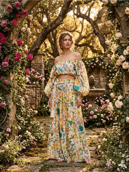 Rachel Zoe Dresses & Skirts - Rachel Zoe Floral Off-Shoulder Maxi Skirt Set in Yellow, Teal and Pink
